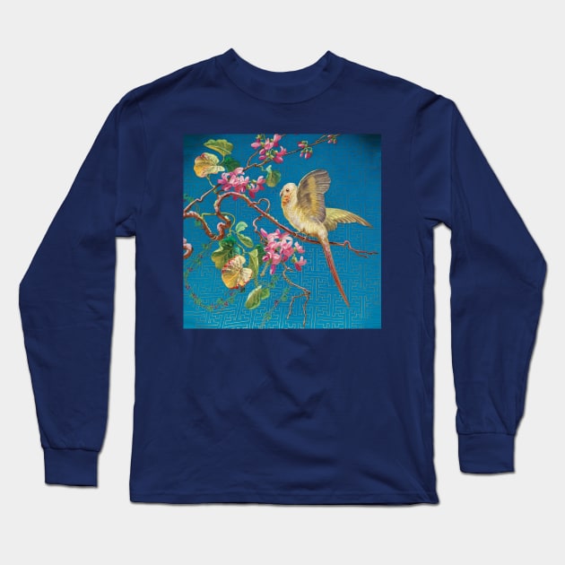 SMALL PARROT ON THE LILAC FLOWER TREE Japanese Style Floral in Blue Long Sleeve T-Shirt by BulganLumini